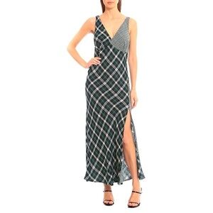Avec Les Filles Mixed Plaid High-Slit Maxi Dress
